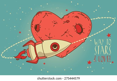 Cosmic card with rocket on heart formed planet orbit, can be used as valentine's day party invitation, retro palette, vector illustration