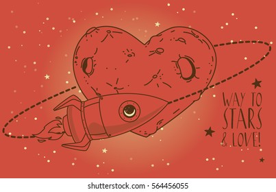 Cosmic card with rocket on heart formed planet orbit, can be used as valentine's day party invitation, vector illustration