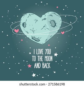 cosmic card for valentine's day, heart formed moon on starry sky, vector illustration