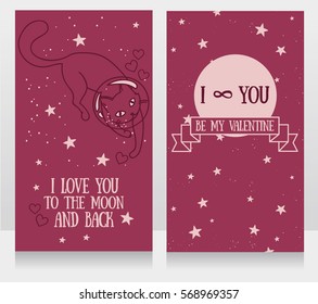 Cosmic cards for love with doodle cat-astronaut and stars background, lilac color, vector illustration