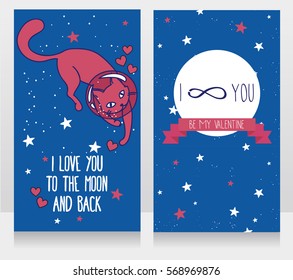 Cosmic cards for love with doodle cat-astronaut and stars background, bright blue and pink colors,vector illustration