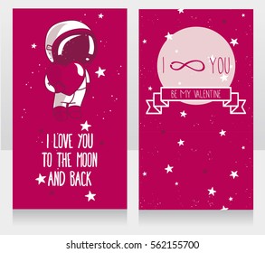 Cosmic cards for valentine's day, doodle astronaut with heart on starry sky, vector illustration