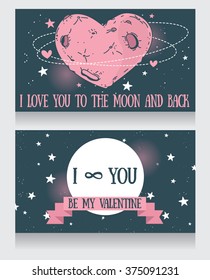 cosmic cards for valentine's day, heart formed moon on starry sky, vector illustration