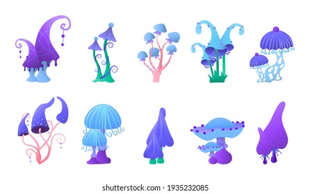 Cosmic cartoon mushrooms, alien flora, trees for game design or fantasy book, set of glossy plants