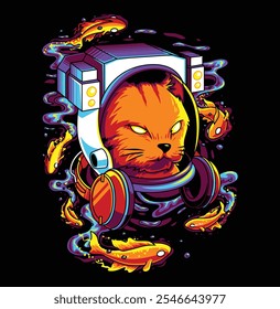 Cosmic Cat in Astronaut Helmet with Neon Liquid Elements