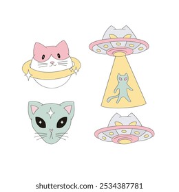 Cosmic cat planet alien vector clip-art set isolated on white. Cat space illustration