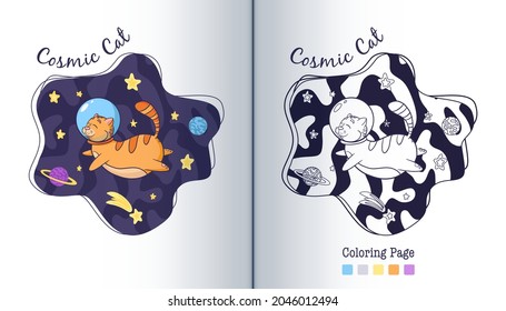 Cosmic Cat in Space Coloring Page. Cartoon Style. Cat Astronaut in galaxy children illustration. Premium Vector