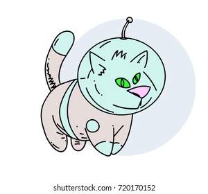 Cosmic cat in space suit, hand drawn cartoon image. Freehand artistic illustration.