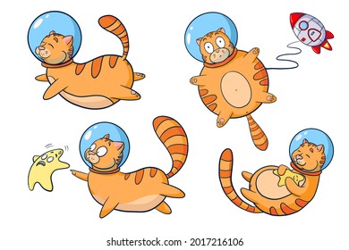 Cosmic Cats Cartoon Illustrations Collection. Set of cute animals astronaut isolated vector illustrations. Cats in space for logo, nursery decor, sticker, print, background, game design