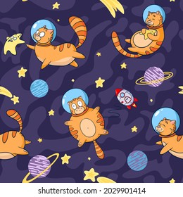 Cosmic Cats Seamless Pattern. Adorable Cat Astronauts in Space ornament for wrapping paper, textiles, home decor, wallpaper, baby cloth, invitations or packaging design, posters