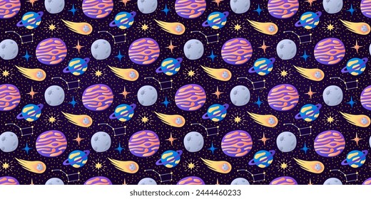 Cosmic childish pattern on dark background. Flying Comet, strange Planets. Moon, stars. Constellation Ursa Major. Space. Seamless Galaxy print. Wrapping for kids. Gradient colors. Vector illustration