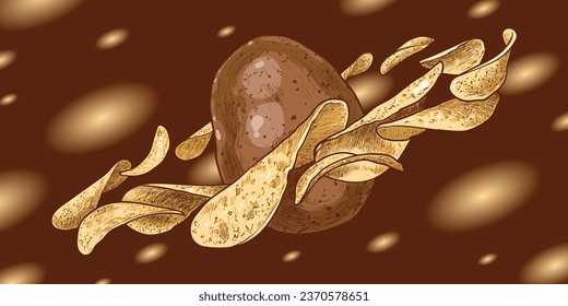 Cosmic chips floating around a potato. Hand drawn vector illustration. 