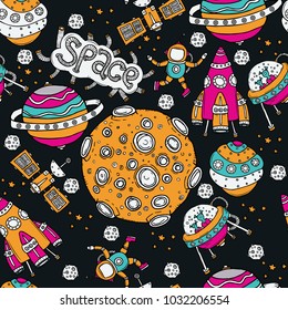 Cosmic colored seamless pattern. Vector illustration on a dark background.