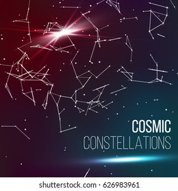 Cosmic Constellations Background Vector. Abstract Magic Space Cosmic Constellation With Stars On A Blurred Background With Lights. 

