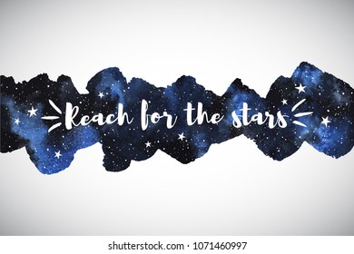 Cosmic, cosmos watercolor vector background. Border with motivation, inspiration quote. Aquarelle galaxy, space, universe, night sky. Stars texture. Long, elongated shape, wide stripe, uneven edge.