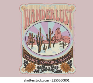 diseño de vaquera cósmico con tipografía, diseño de impresión occidental para mujeres, diseño de moda vintage de vaquera, ilustración vectorial cactus desierto