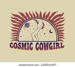 cosmic cowgirl graphic print design, retro vintage western cowgirl design for t shirt, sticker, poster, pop women leg artwork