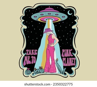 cosmic cowgirl vector illustration, cute cowgirl with ufo graphic print design, pink cowgirl in hat artwork for t shirt, sticker, poster