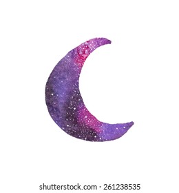 Cosmic crescent. Watercolor galaxy crescent on the white background, aquarelle. Vector illustration. Hand-drawn decorative element for invitations, scrapbooking, design. Native american stylization