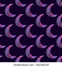 Cosmic crescent. Watercolor seamless pattern with galaxy crescents on the black background, aquarelle. Vector illustration. Hand-drawn element. Real watercolor painting.