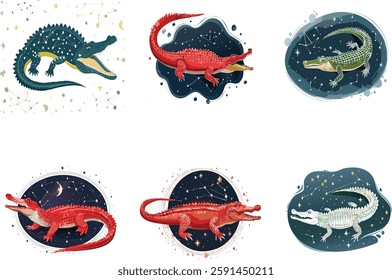 Cosmic crocodile in the night sky with constellations.Six stylized illustrations of crocodiles.  Each crocodile is depicted within a stylized, cosmic-themed oval frame.