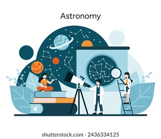 Cosmic Curiosity concept. Gazing at celestial wonders, stargazers uncover the universe's secrets. Astronomy enthusiasts explore beyond the sky. Stars and planets within reach. Vector illustration