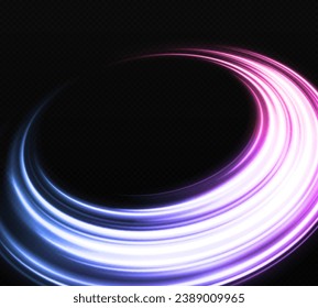 Cosmic curve trails. Sparkling swirl effect. Shiny color rings. Magic round circle with light effect.