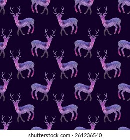 Cosmic deers. Watercolor seamless pattern with galaxy deers on the white background, aquarelle. Vector illustration. Hand-drawn element useful for invitations, scrapbooking, design. Hipster fashion