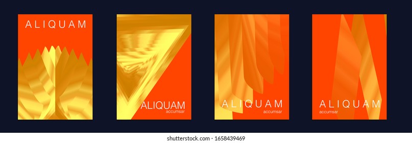 Cosmic Design Business Template. Liquid Metallic Texture Layout. Minimal Geometric Illustrations. 1990 Golden Iridescent Set of Covers. Light and Stylish Luxury Brochures. Gold Vector Background.
