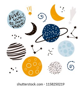 Cosmic design elements. Childish creative vector illustration with space objects