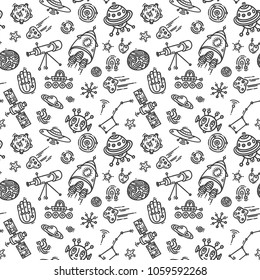 Cosmic doodle big seamless vector pattern set with rocket, telescope, moon, planet, asteroid, UFO, alien, stars