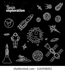 Cosmic doodle elements. Space exploration white line doodle vector illustration isolated on black