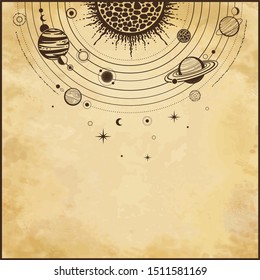 Cosmic drawing: stylized Solar system, orbits, planets, space structure. Place for the text. Background - imitation of old paper. Vector Illustration. Print, poster, T-shirt, postcard.