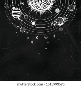 Cosmic drawing: stylized Solar system, orbits, planets, space structure. Place for the text.  Background - black star sky. Vector illustration. Print, poster, T-shirt, card.