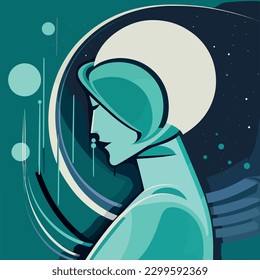 Sueño cósmico, afiche vectorial Art Déco con dibujo abstracto de mano de astronauta en Neptuno