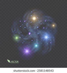 Cosmic dust Glowing Particles Background. Vector magic dust on isolated transparent background