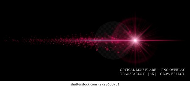 Destello óptico brillante rojo cósmico con núcleo brillante, rastro de partículas y haz intenso. Adecuado para superposiciones, diseño de movimiento y composiciones visuales modernas.