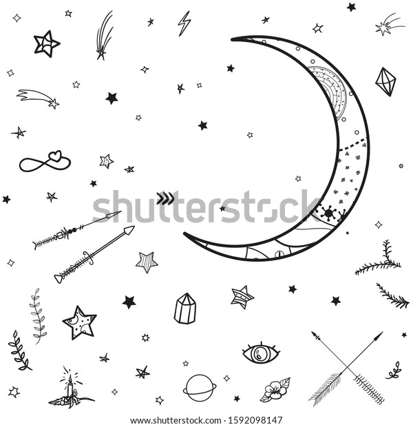 Cosmic elements. Crescent moon and\
stars with abstract patterns. Black and white\
illustration