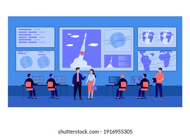 Cosmic engineers monitoring rocket launch, starting ship, working at computers inside space center. Flat vector illustration for cosmic flight mission, satellite surveillance control concept