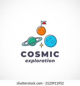 Cosmic Exploration Abstract Vector Sign, Symbol, Logo Template. Outline Space Planets Silhouette with Modern Typography. Science Fiction Fantastic Emblem. Isolated