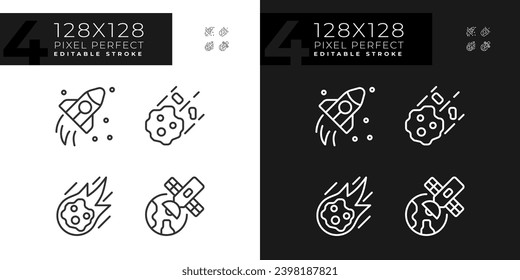 Cosmic exploration pixel perfect linear icons set for dark, light mode. Space research. Astronomy science. Thin line symbols for night, day theme. Isolated illustrations. Editable stroke