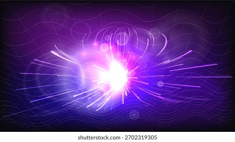 Explosão Cósmica de Fundo Vetor Luz lilás roxo. Uma única estrela brilhante brilha com luz intensa no fundo escuro do espaço profundo.