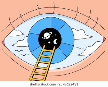 Cosmic Eye: A ladder leading to a cosmic sky seen through the iris of a human eye. This abstract illustration represents ambition, reaching for one's goals and dreams, looking beyond limitations.