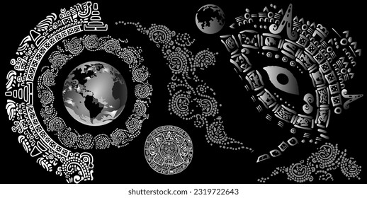 Cosmic eye, symbols, letters, masks and images of the ancient Mayan and Toltec civilizations.