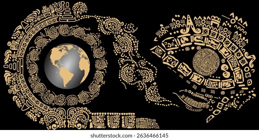 Cosmic eye, symbols, letters, masks and images of the ancient Mayan and Toltec civilizations.
The Mayan alphabet. Ancient signs of America on a black background. Ancient Mayan calendar