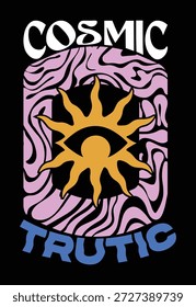 Cosmic Eye T-Shirt Design mit Psychedelic Sun Symbol und abstrakten Trippy Formen