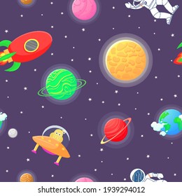 Cosmic fabric for kids. Astronaut with rocket and alien in the open space Cute design for kids fabric and wrapping paper. Flat cartoon style funny cosmic fabric.