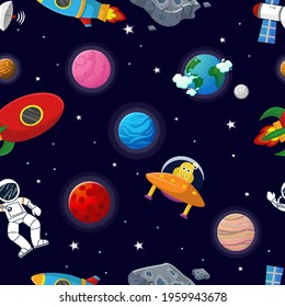 Cosmic fabric for kids. Astronaut with rocket and alien in the open space Cute design for kids fabric and wrapping paper. Flat cartoon style funny cosmic fabric.