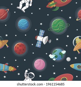 Cosmic fabric for kids. Astronaut with rocket and alien in the open space Cute design for kids fabric and wrapping paper. Flat cartoon style funny cosmic fabric.