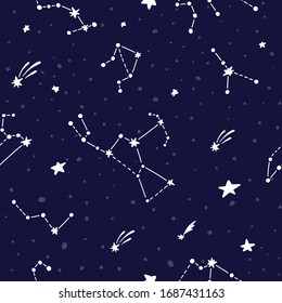 Cosmic fabric for kids. Bright childish tile. Constellations on dark night sky. Cute design for kids fabric and wrapping paper. Hand drawn funny cosmic fabric.